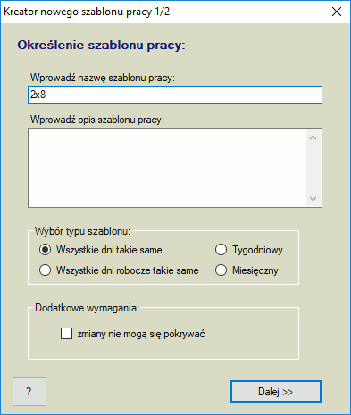 Pierwsze okno kreatora szablonu pracy
