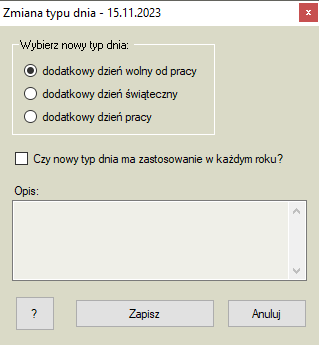 Okno zmiany typu dnia
